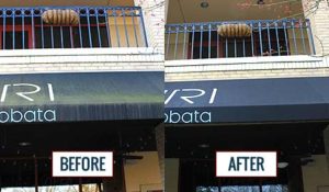 Before and after images of a commercial awning cleaned by Mr. J's Services.