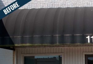 A'before' image of an awning showing the accumulation of dirt, mold and mildew.